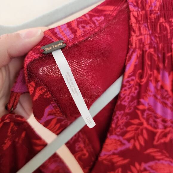 Free People Hello Lover Red Scarlett Floral Print Tunic Dress Sz XS Puff Sleeve - Picture 4 of 12